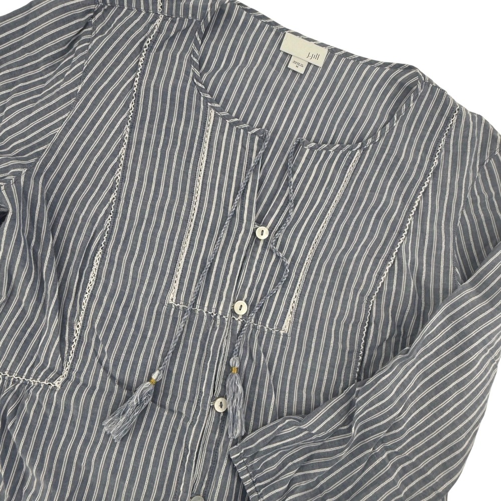 J. Jill Blue White Striped Cotton Tassel Tie Blouse Top 3/4 Sleeve Womens M